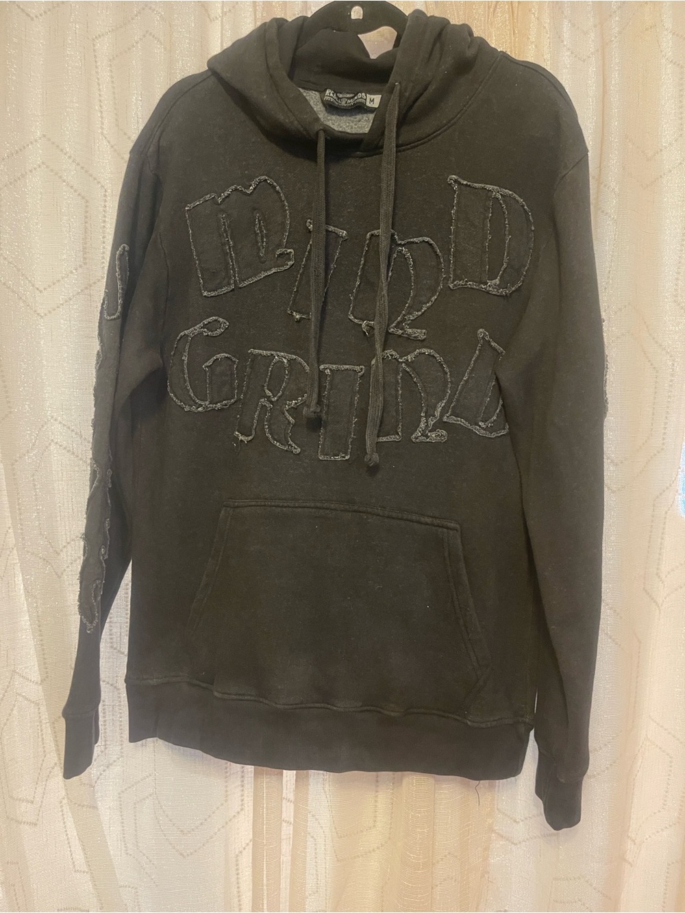 Men's Black Distressed Letter Pullover Hoodie with Frayed Lettering Detail